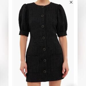 Endless Rose Short Puff Sleeve Black Tweed Mini Dress with pockets - medium